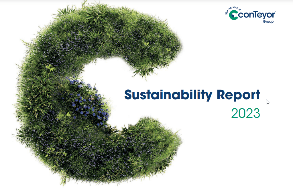 Sustainability Report 2023 with a green letter 'C' made of grass and flowers.