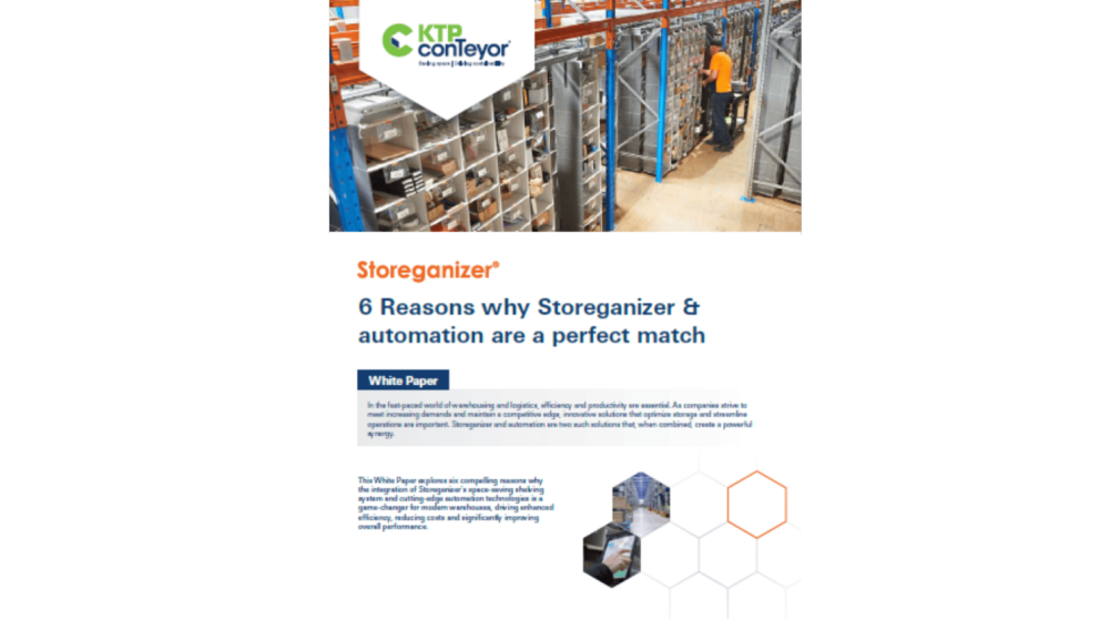 White paper titled "Storeganizer: 6 Reasons why Storeganizer & automation are a perfect match" with an image of a person working in a warehouse among shelves filled with storage solutions.