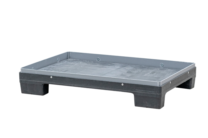 Plastic pallet with a raised edge, designed for storage and transport.